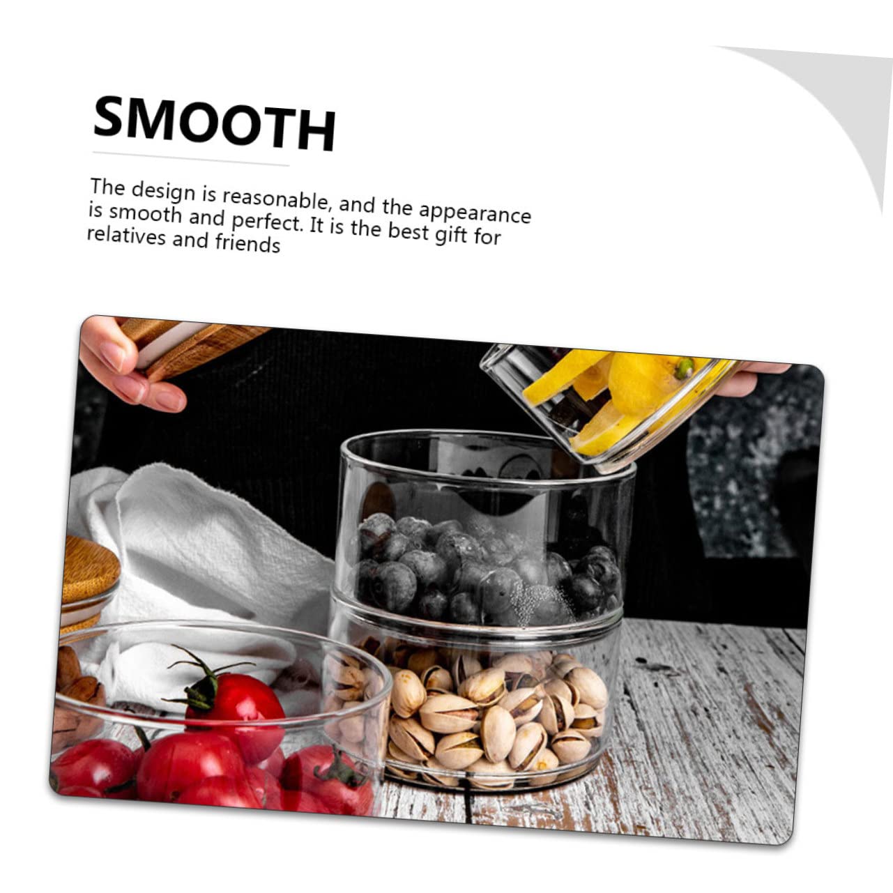 Luxshiny Transparente Glasschüssel mit Bambusdeckel Stapelbarer Kühlschrank Organizer Platzsparende Frischhalteschale für Obst und Salat Leicht zu Reinigen