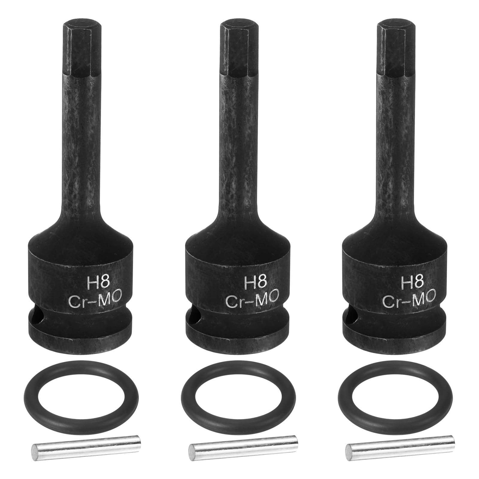 sourcing map 3pcs 1/2" Drive Impact Hex Bit Socket H8(8mm) Metric CR-MO Steel 6-Point Sockets with Cotter Pin for Power Drill Drivers Adapter — image 1