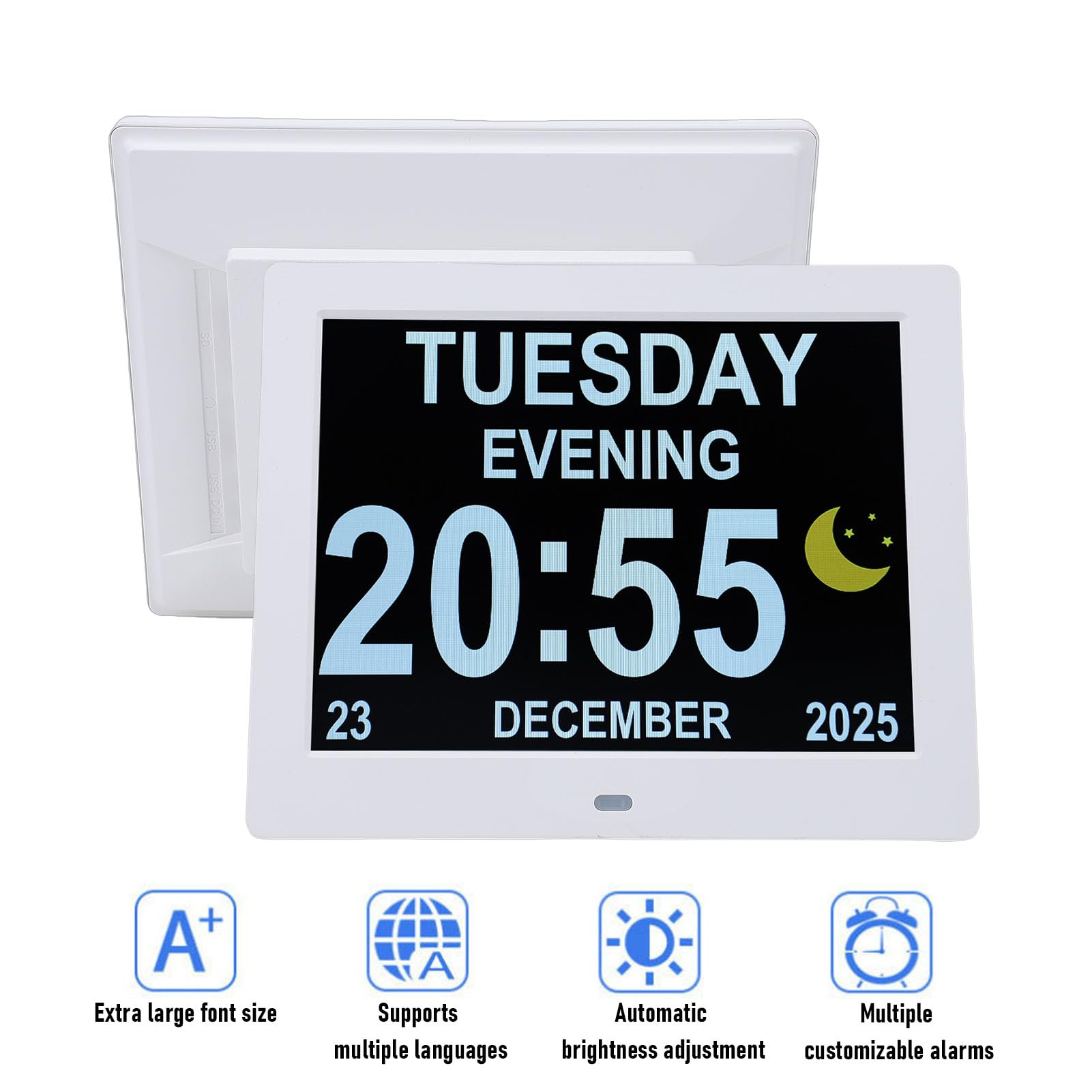 Reloj Digital de 8 Pulgadas con Múltiples Alarmas y Reproducción Multimedia para Personas Mayores, Estudiantes y Familias