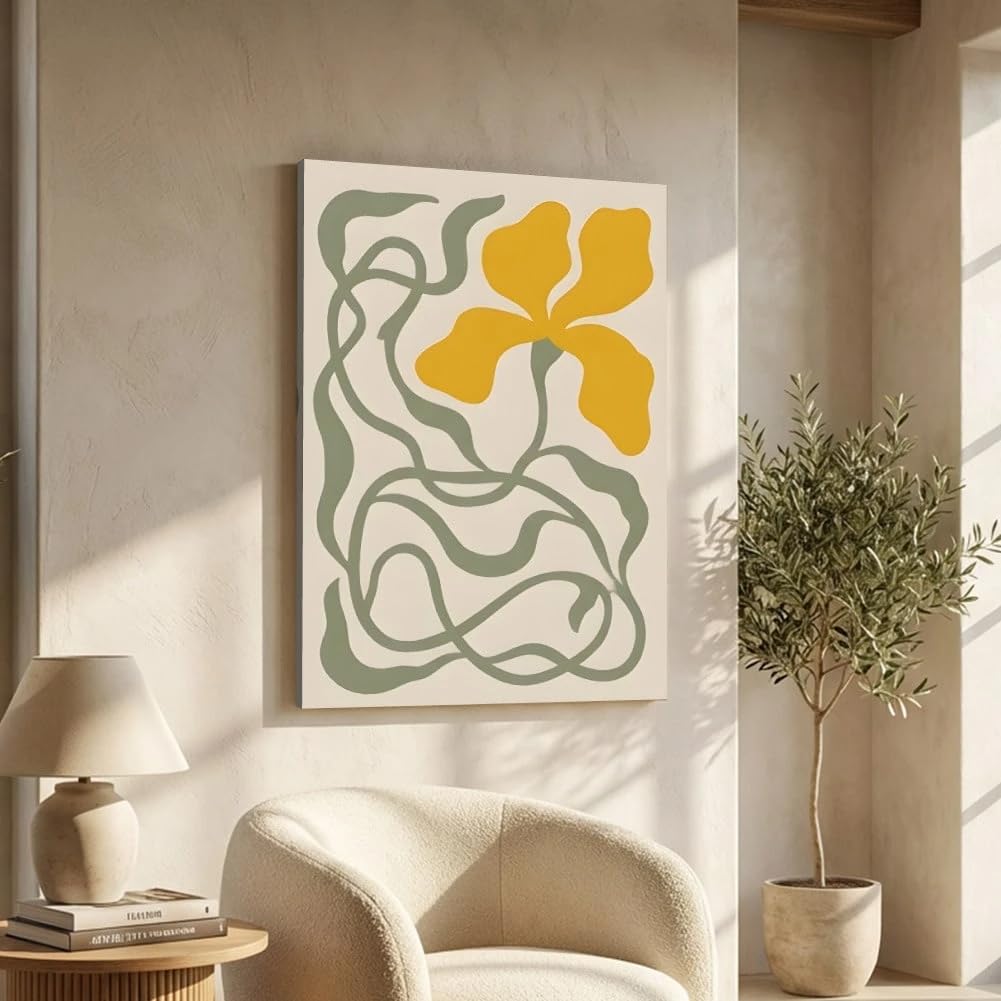 1 cuadro abstracto de flores amarillas con líneas verdes, ideal para la decoración del hogar (60x80cm/sin marco).