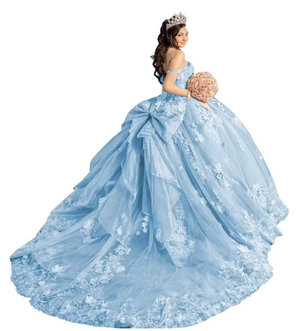 PFTFB Gorgeous 3D Flower Quinceanera Dresses with Bow Off Shoulder Sweet 16 Dress Beading Applique Sparkly Vestido De 15 Años