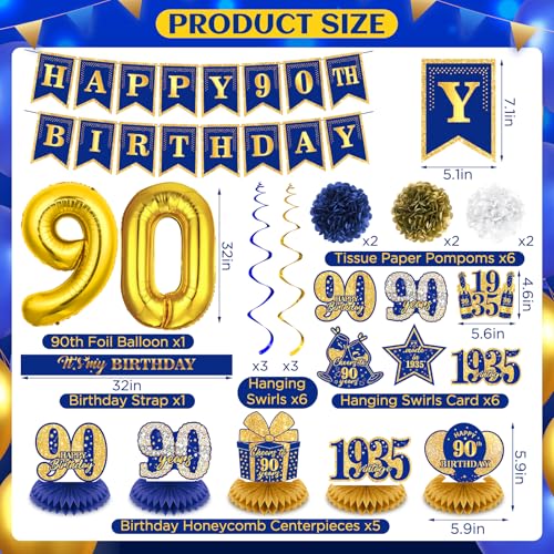 Image of 90th Birthday Decorations for Men Women Navy Blue Gold Vintage Back in 1935 Banner Happy 90th Birthday Honeycomb Centerpiece Hanging Swirls Sash Paper Pompoms Decor for Cheers to 90 Years Old Supplies