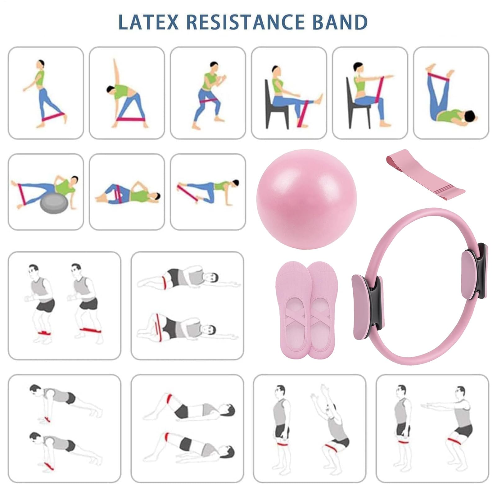 Pilates Set Für Zuhause Frauen, Pilates-Ring, Widerstandsbändern, Pilates-Ball, Yoga-Socken, Für Beine Arme Und Abdomen, Kraft, Flexibilität, Stabilität, Körperstraffung, Gewichtsverlust