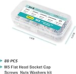 M5 x 10mm 20mm 30mm 40mm, Flat Head Hex Socket Cap Screws Bolts, Countersunk Bolts and Nuts, Stainless Steel 304, Bright Finish, Metric Allen Drive, Fully Thread, Assortment Kit 80PCS