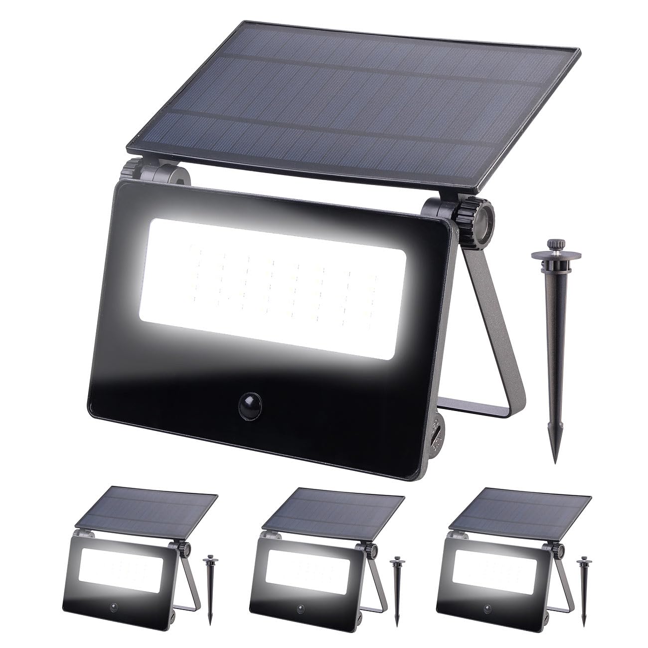 Luminea LED Solarleuchten Gärten: 4er-Set Solar-LED-Gartenstrahler, PIR-Sensor, 1.300 lm, 2X 1.800 mAh (Gartenbeleuchtung Solar, Garten-Stecker, Baum)