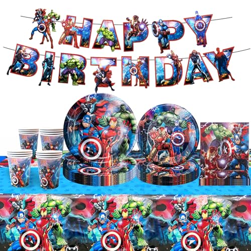 Geburtstags 52 Stück Partygeschirr Geburtstagsdeko Set mit Heros Deko Geburtstag Kinder Party Dekoration Supplies Geschirr Teller Becher Tasse Tischdecke Servietten Pull Flag(10 Gäste)