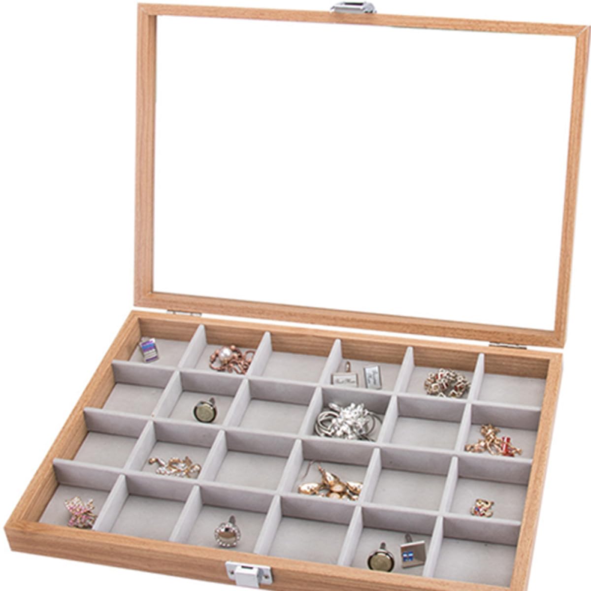 Caja de Almacenamiento de Joyas Organizador Multifunción Rejillas y Ventana Transparente para Pendientes, Anillos y Collares, Adecuado para Viaje y Exhibición en Mostrador