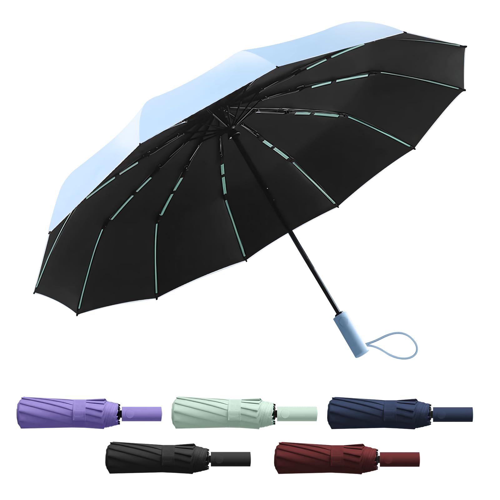 Baytion Auto Folding Umbrella, UV Umbrella with UPF50+, 12-Rib Frame for Wind Resistance, Waterproof Mini Travel Folding Umbrella for Rain and Sun Protection