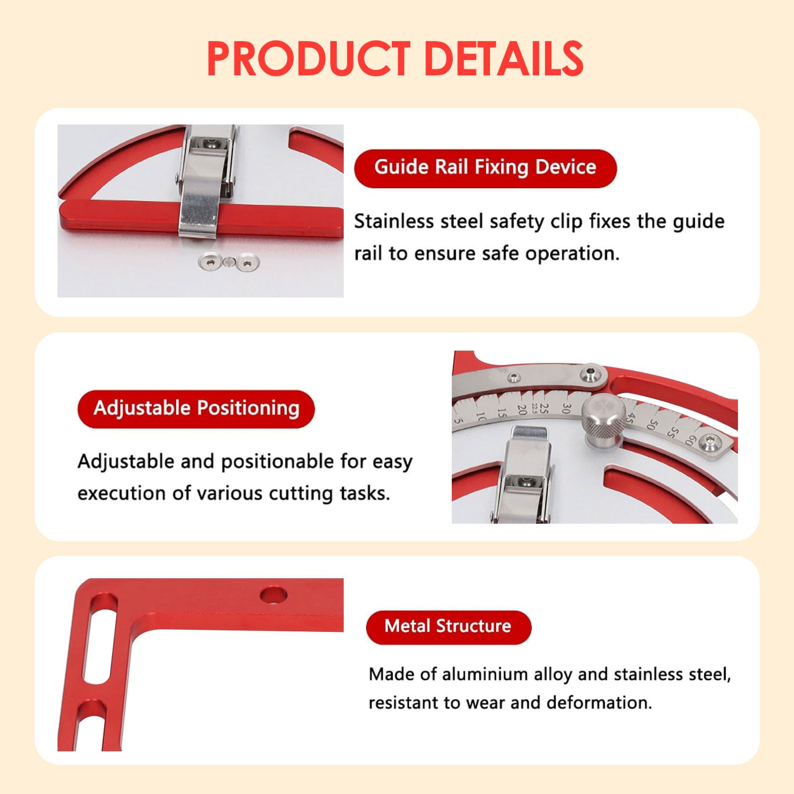 Guía Ajustable para Sierra de Carpintería Riel Cuadrado Rojo y Circular Plateado Compatible con Máquinas de Corte Metal