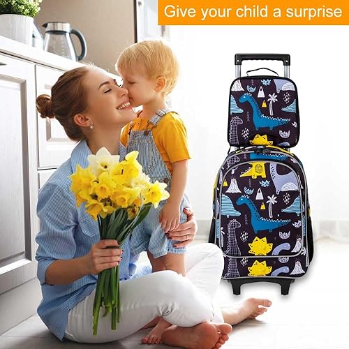 Miniatura 7 de gxtvo Mochila con ruedas para niños, mochila con ruedas enrollables para niños, maleta con ruedas, bolsa de escuela primaria, 3 unidades, dinosaurio