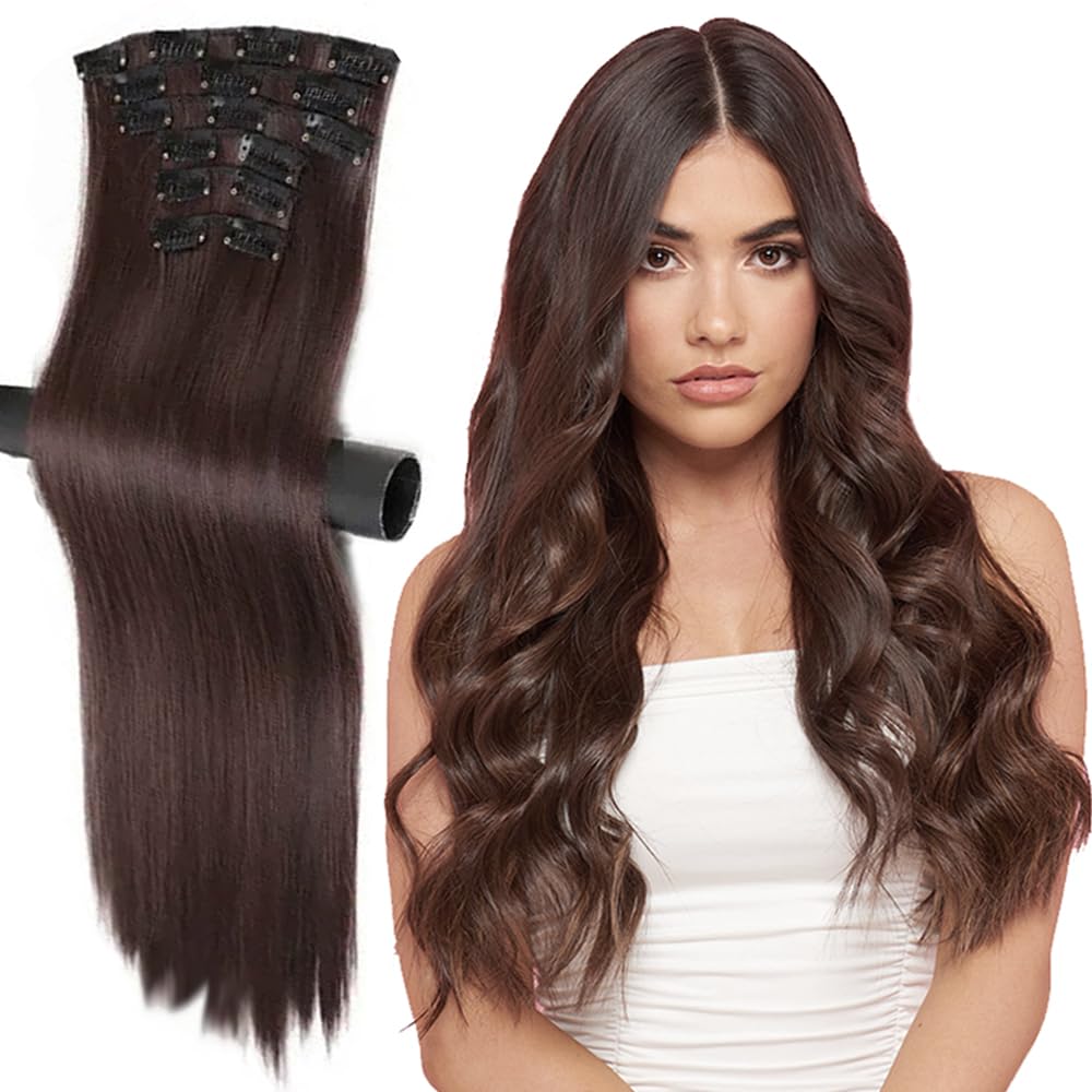 Hyper Style Dark Auburn Clip in Hair Extensions 22 Inch 6PCS Looks 100% Like Real Human Hair Quick & Easy Make Straight Hair Style or Beach Wavy Hair Style, Synthetic 16 Clips 2-33# Dark Auburn Hair Shine Smooth Silky, Heat Resistant seamless clip ins hair extensions for Woman Daily use Soft Straight Natural Dark Brown Hair Extensions