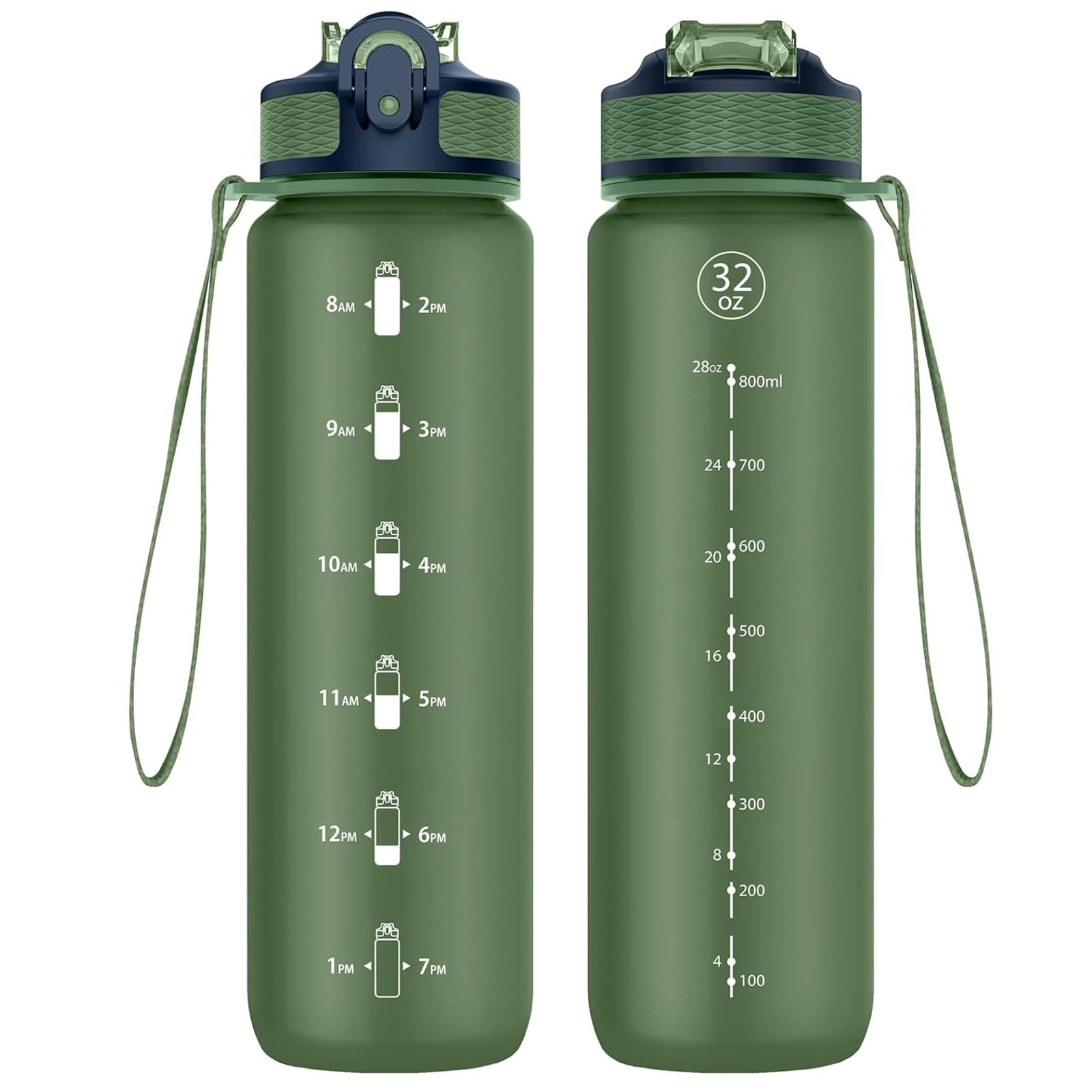 Navtue 1L-Deepgreen Water Bottle, 1L Sports Water Bottle With Straw, Time Markings, Tritan Bpa Free, Leakproof Drinks Bottle For School, Cycling, Running (1 Bottle)