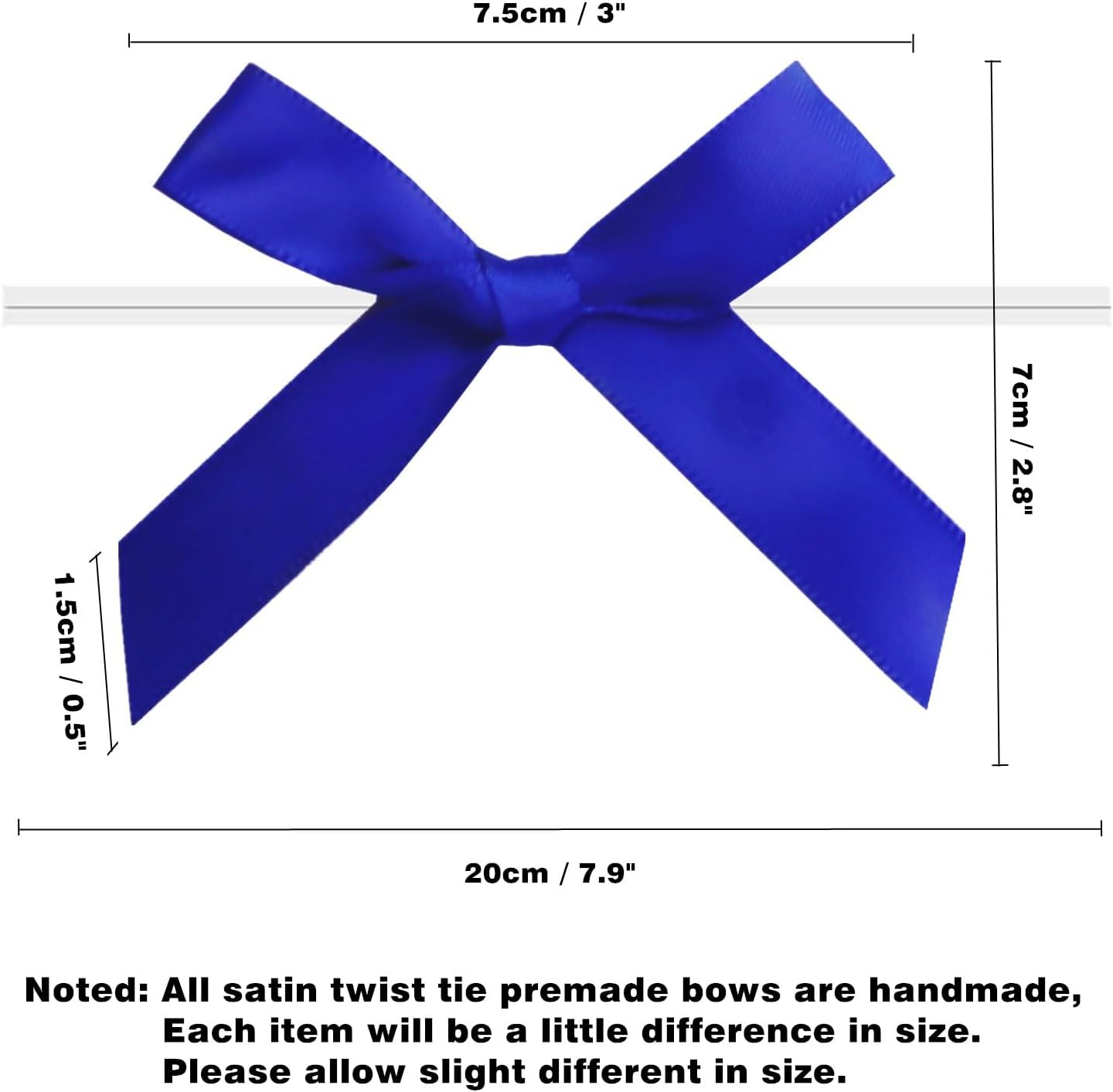 60PCS 3 Inch Royal Blue Twist Tie Bows for Gift Bags, Twist Bows for Treats, Satin Ribbon Bows with Twist Ties Gift Wrap Bows, Pretied Bows for Cake Pops, Party Favors, Baby Shower, Gift Packaging image 2