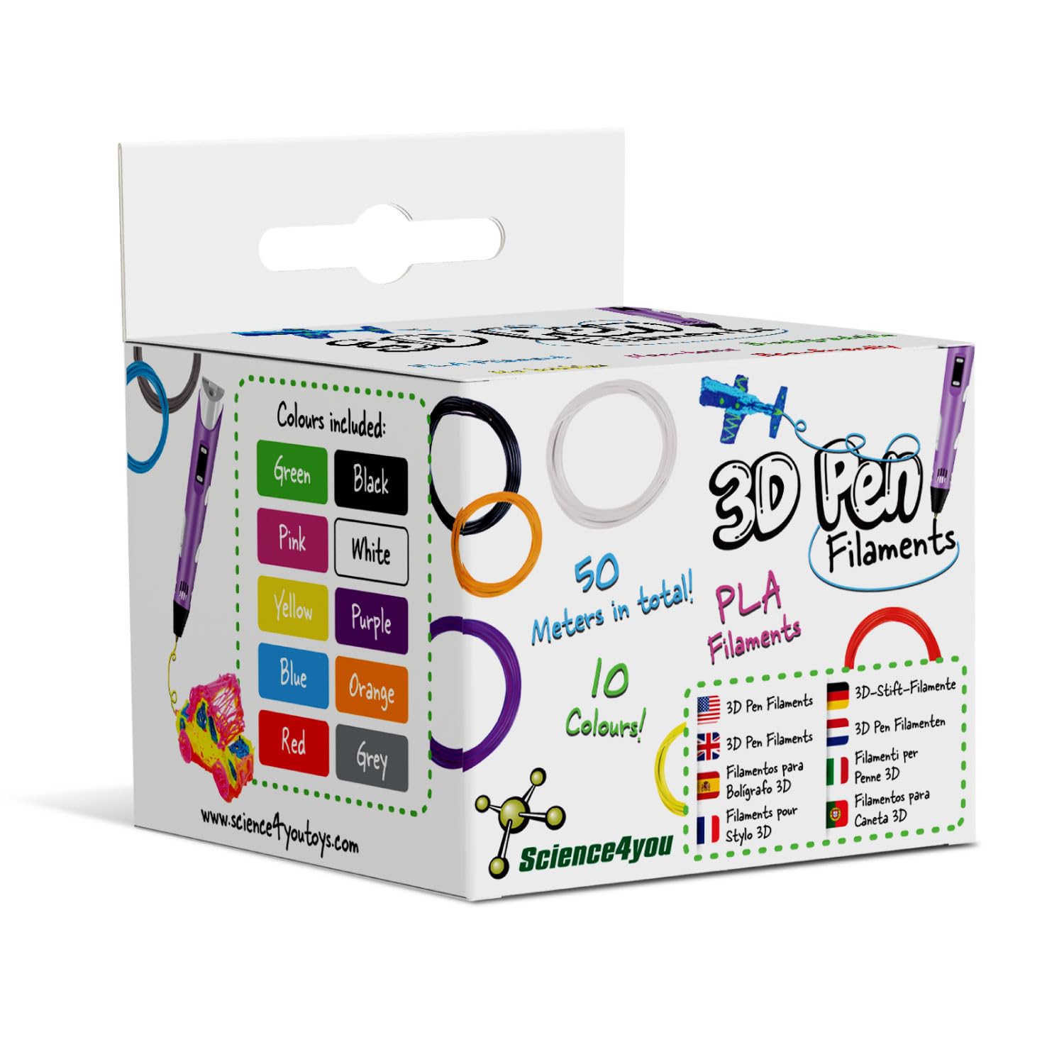 Science4you Recargas de Filamento de Bolígrafo 3D para Niños - 10 Filamentos PLA 1.75mm Coloridos para Lápiz 3D, Más Seguro y Fácil de Usar, 50 metros en total, Regalo para Niño y Niña