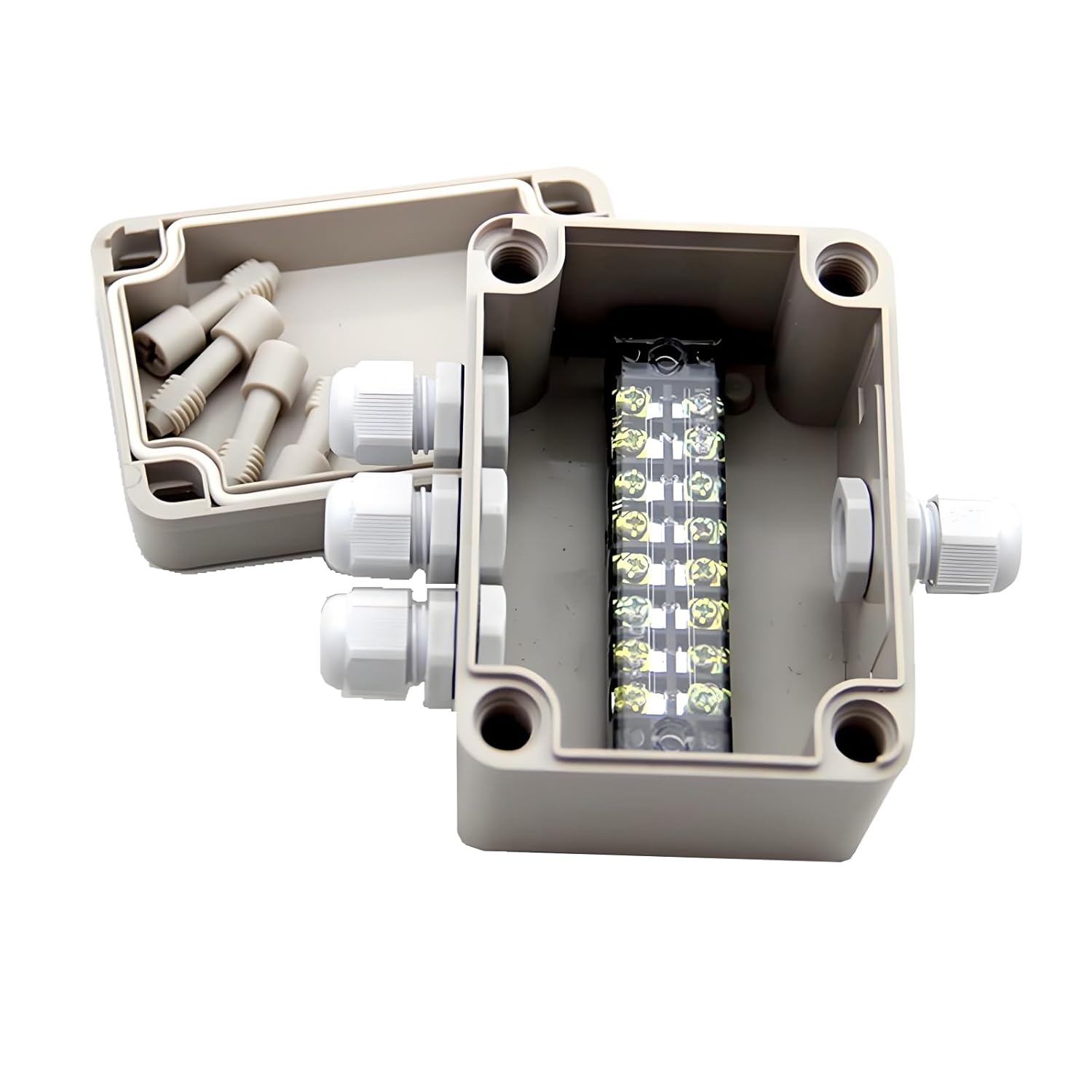 4.3"x 3.1" x 2.8" ABS IP66 Waterproof Universal Electrical CCTV Camera LED Project Enclosure Junction Box with 8P 15A Barrier Terminals,1IN/3 Out Cable Glands