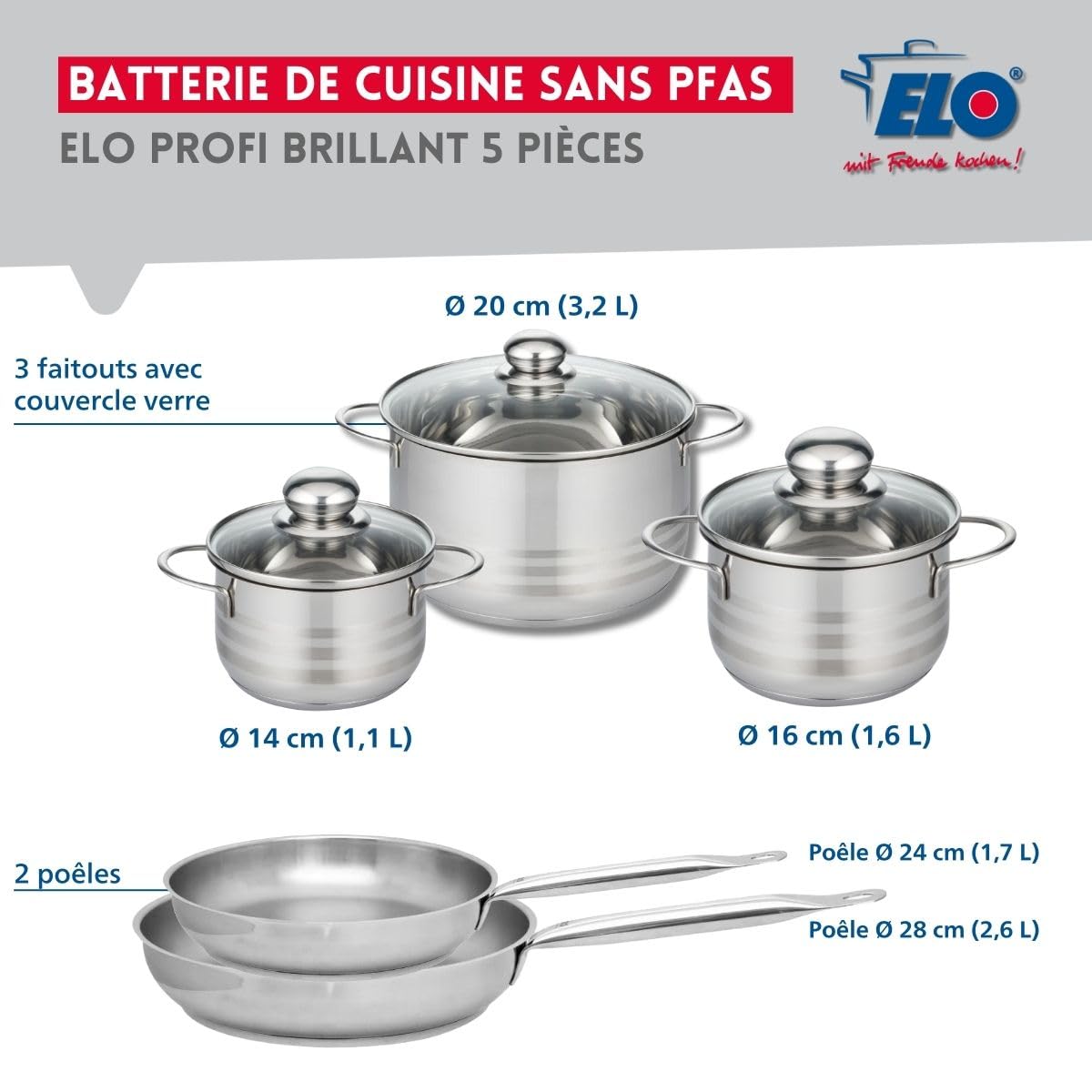 Elo Batterie cuisine 2 poêles 24/28 cm et 3 faitouts 14/16/20 cm