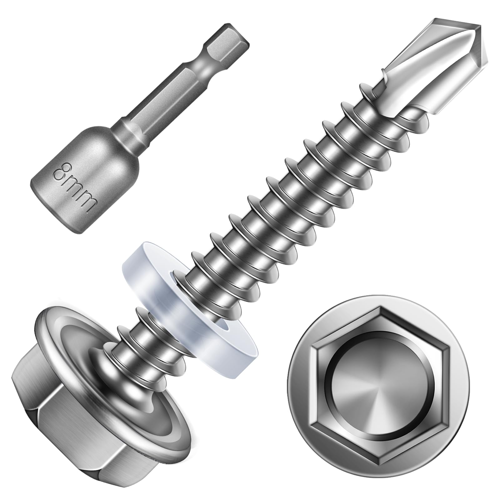 Mywish 200pcs #10×1-1/4" Self Drilling Screws for Metal, 410 Stainless Steel, Hex Washer Head Self Drilling Screws, High-Strength Self Tapping Sheet