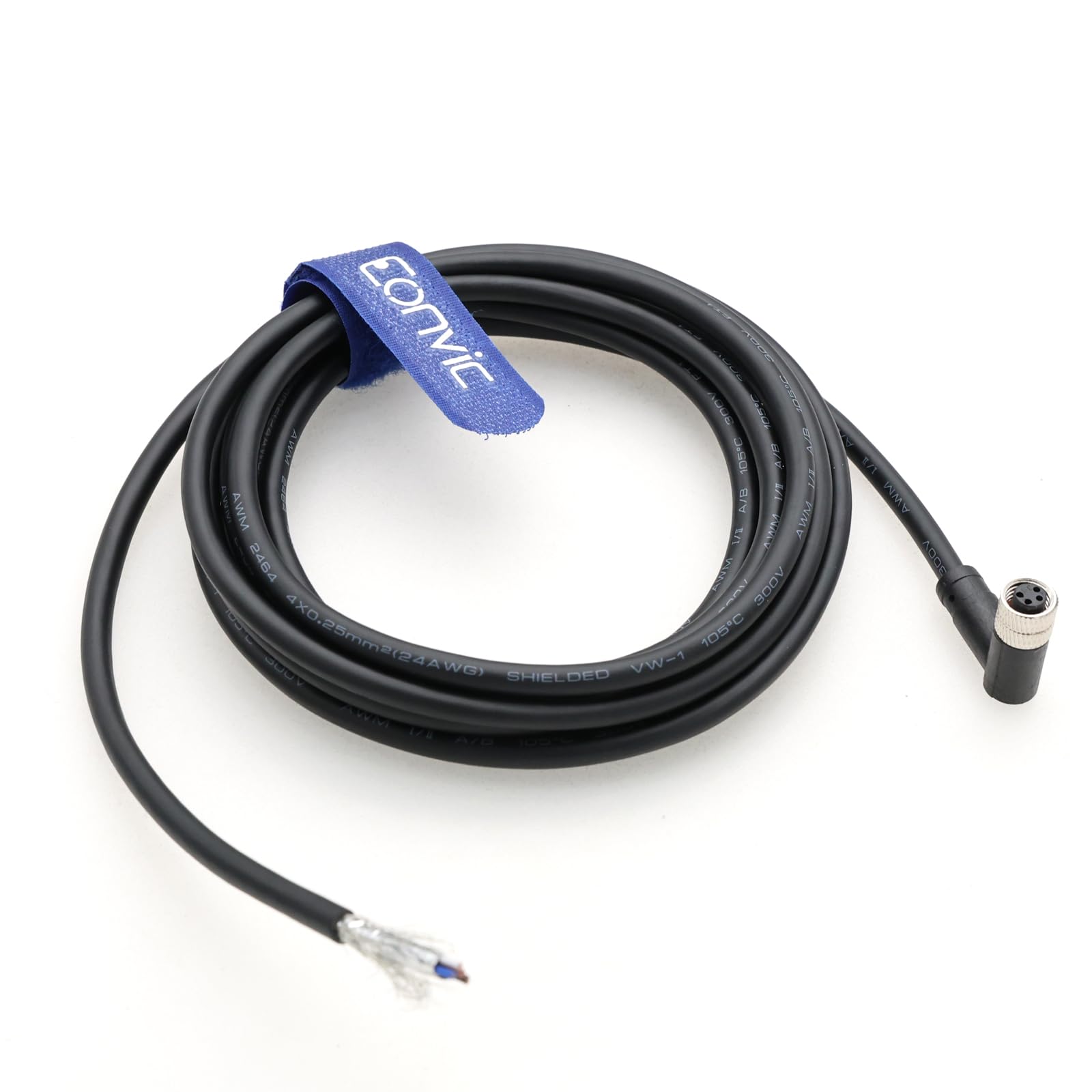 Eonvic Industrial M8 4 Pin A-Code Female Right Angle to Open Connector Molded Shielded Aviation Sensor Cable Waterproof IP67 Cat 5e High Flex Cable 3M