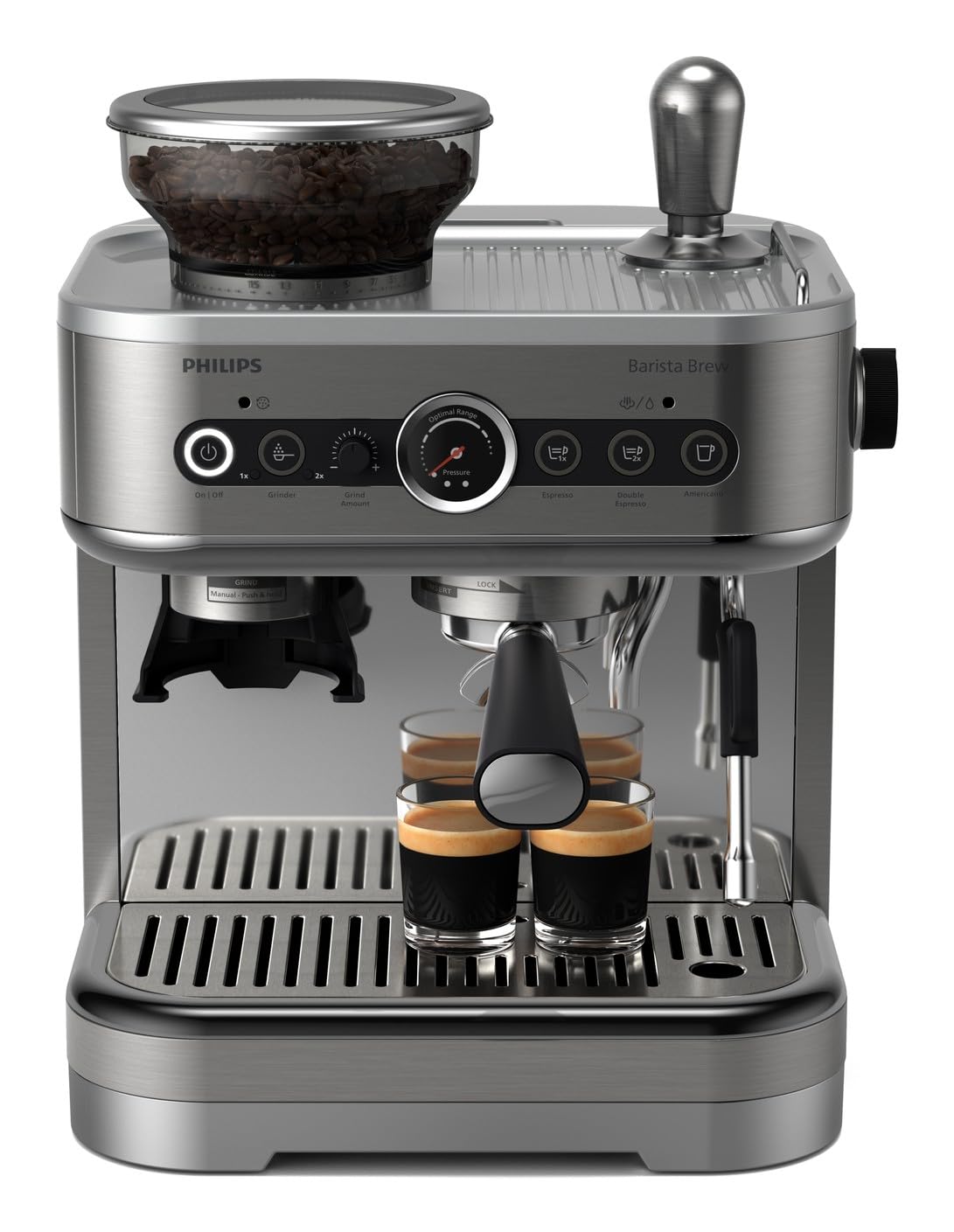 PHILIPS Cafetera espresso semiautomática Barista Brew - Espresso simple y doble + Botón Americano, recipiente de 250 g de café en grano, guía intuitiva, prensado calibrado, acero Inox (PSA3218/01)