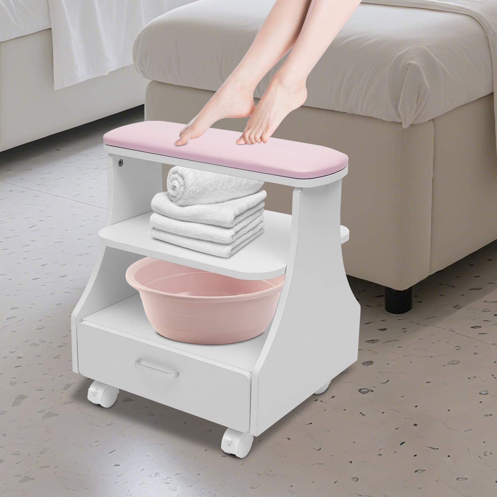 Wózek do manicure, pedicure, różowy, z płyty MDF, z 3-stopniową przestrzenią do przechowywania i kółkami, do salonu paznokci i pielęgnacji stóp