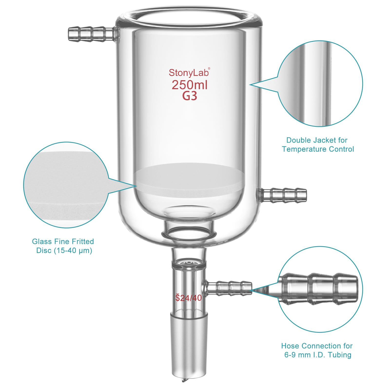 stonylab Embudo Buchner Jaquetado con Disco Filtro Frito (15-40 μm), Vidrio Borosilicato, Conexión 24/40, Conexión de Manguera 10 mm, 250 ml para Filtración al Vacío con Control de Temperatura