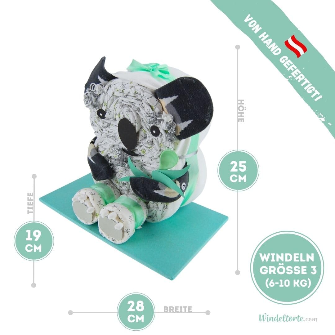 com – Koala | Windeltorte in Grün - inkl. 26 LILLYDOO Windeln | Geschenk zur Geburt | Taufgeschenk | Geschenk zur Babyparty – handgefertigt