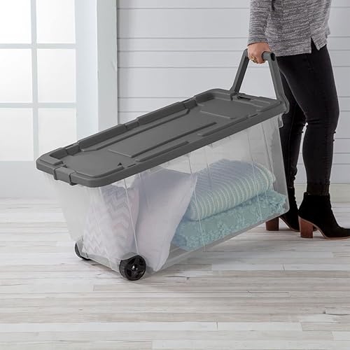 Miniatura 2 de YBW AVSAN - Caja de almacenamiento de plástico industrial con ruedas con tapa duradera de 40 galones/151 litros con tapas y base con mango rojo