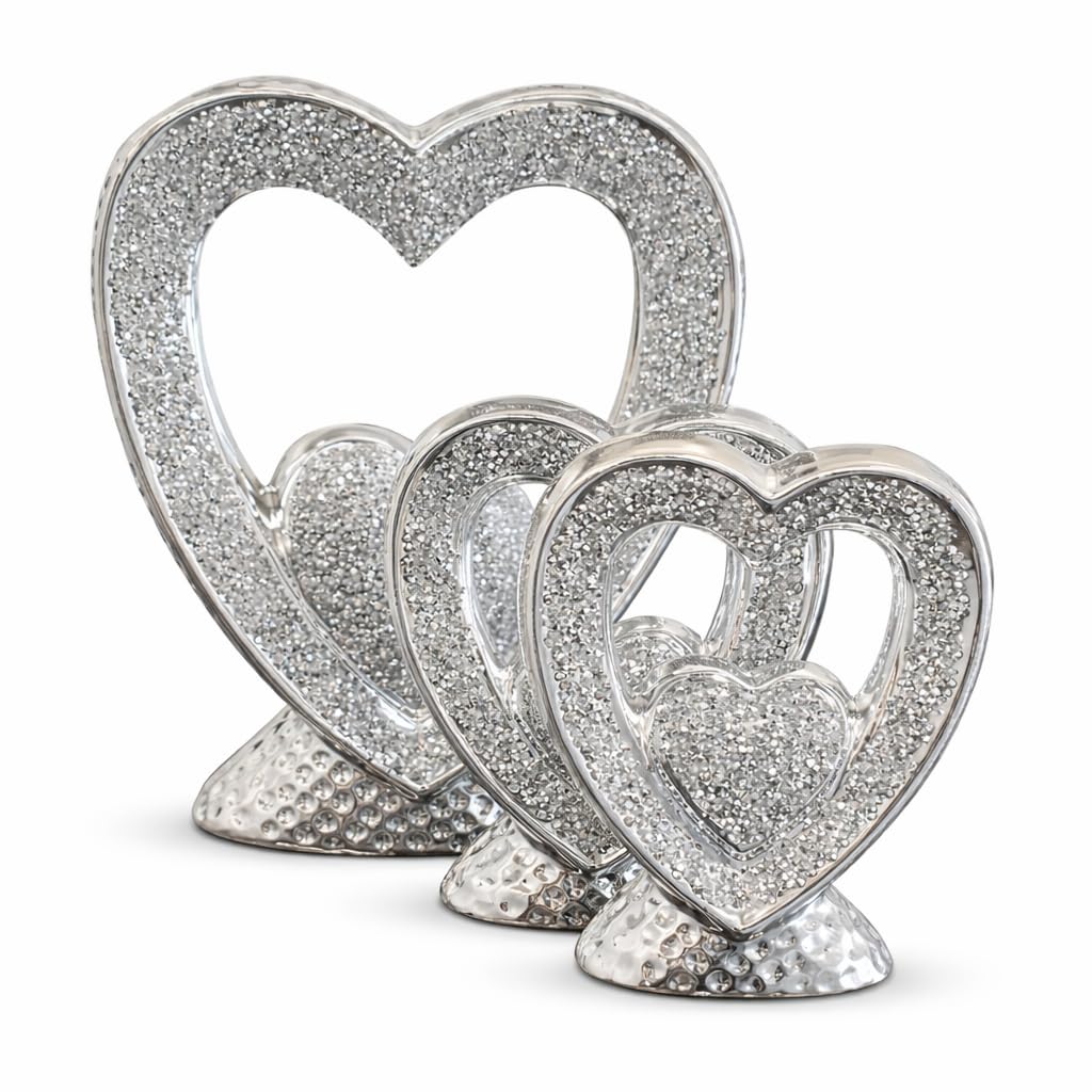 Segoy Silver Crushed Diamond Set Of 3 Heart Love Ornament - A Radiant Celebration Of Eternal Affection Sterling Love-Ornament Blings Sparkly Home Decoration - 25Cm