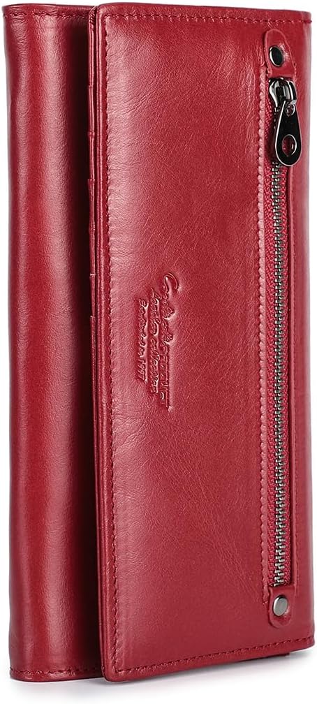 Contacts Carteira Bifold Feminina em Couro Legítimo com 15 Porta-Cartões, Bolso para Moedas, Compartimento para Notas, Porta-ID e Suporte para Celular, Compacta e Luxo(Vermelho)