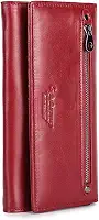 Carteira Bifold Feminina em Couro Legítimo com 15 Porta-Cartões, Bolso para Moedas, Compartimento para Notas, Porta-ID e Suporte para Celular, Compacta e Luxo(Vermelho)