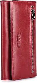 Carteira Bifold Feminina em Couro Legítimo com 15 Porta-Cartões, Bolso para Moedas, Compartimento para Notas, Porta-ID e Suporte para Celular, Compacta e Luxo(Vermelho)