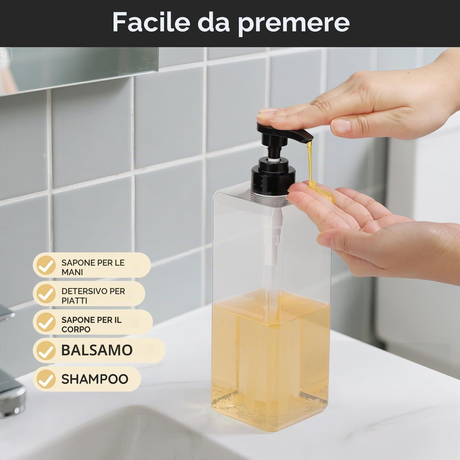Segbeauty Dispenser Sapone Bagno Trasparente, 3 Pezzi 1000ml Dosatore Shampoo con Etichetta, Flaconi Vuoti in Plastica, Dispenser Sapone per Cucina e Bagno (Quadrato)