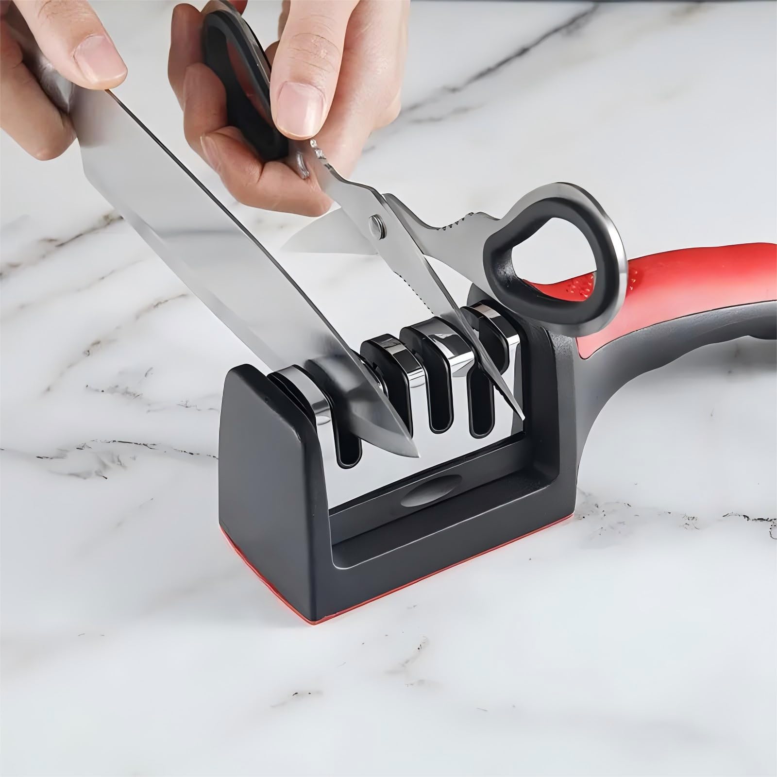Knife Sharpener 4 in 1 Four Stage Portable Outdoor Handheld Sharpener for Kitchen Knives Red And Black Base
