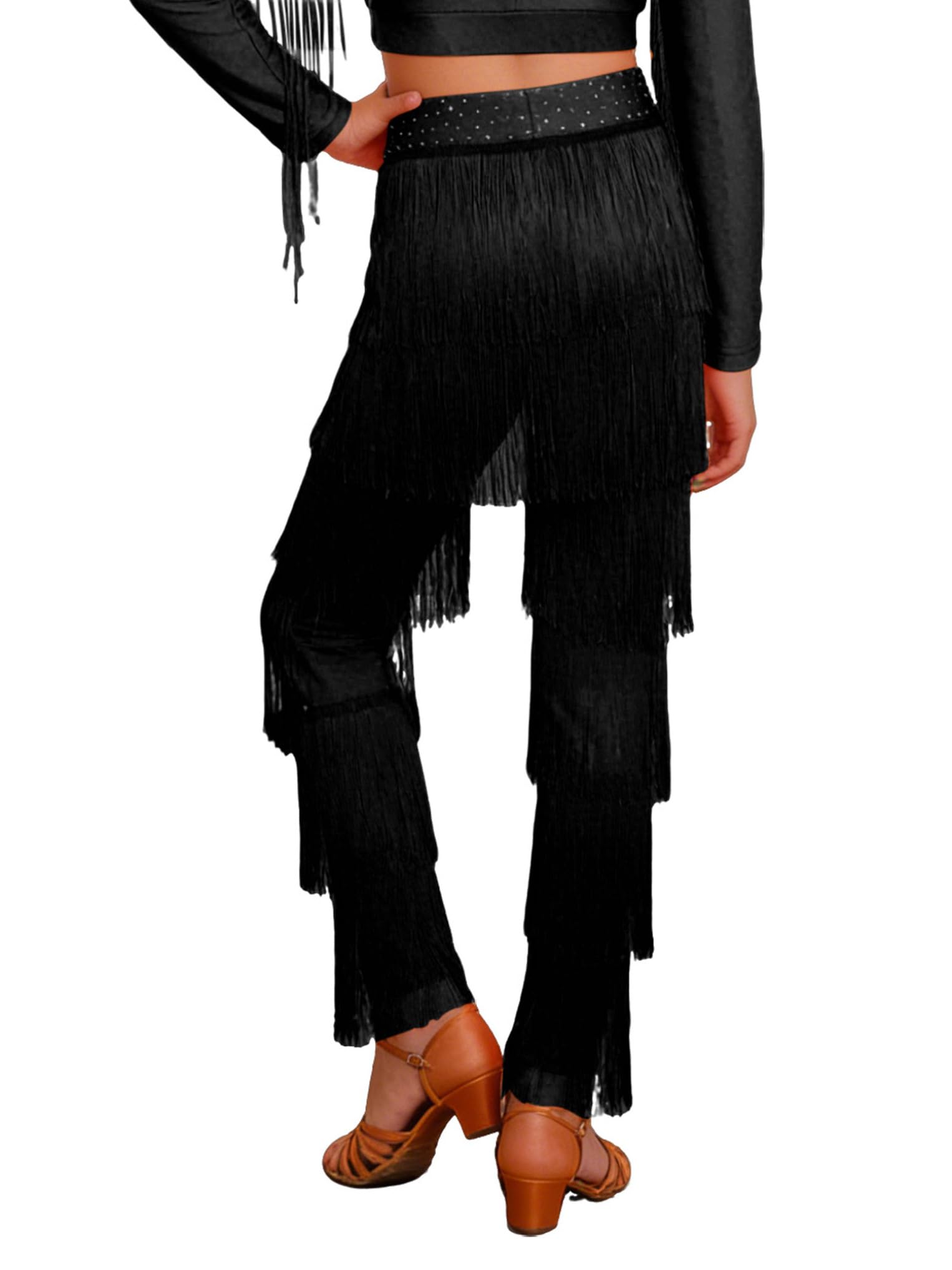 Oyolan Pantalone Bambina Danza Latina Salsa Rumba Tango Jazz Moderno Pantalone con Frange E Strass Danza