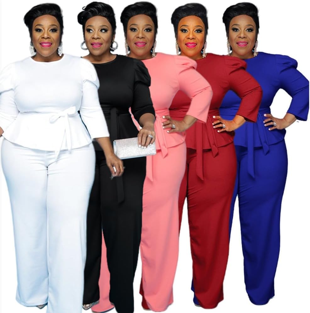 Plus Size 2 Piece Wide Leg Pants Set for Women Casual Long Sleeve Shirt Long Pant Sets Sexy With Belt - Image 4
