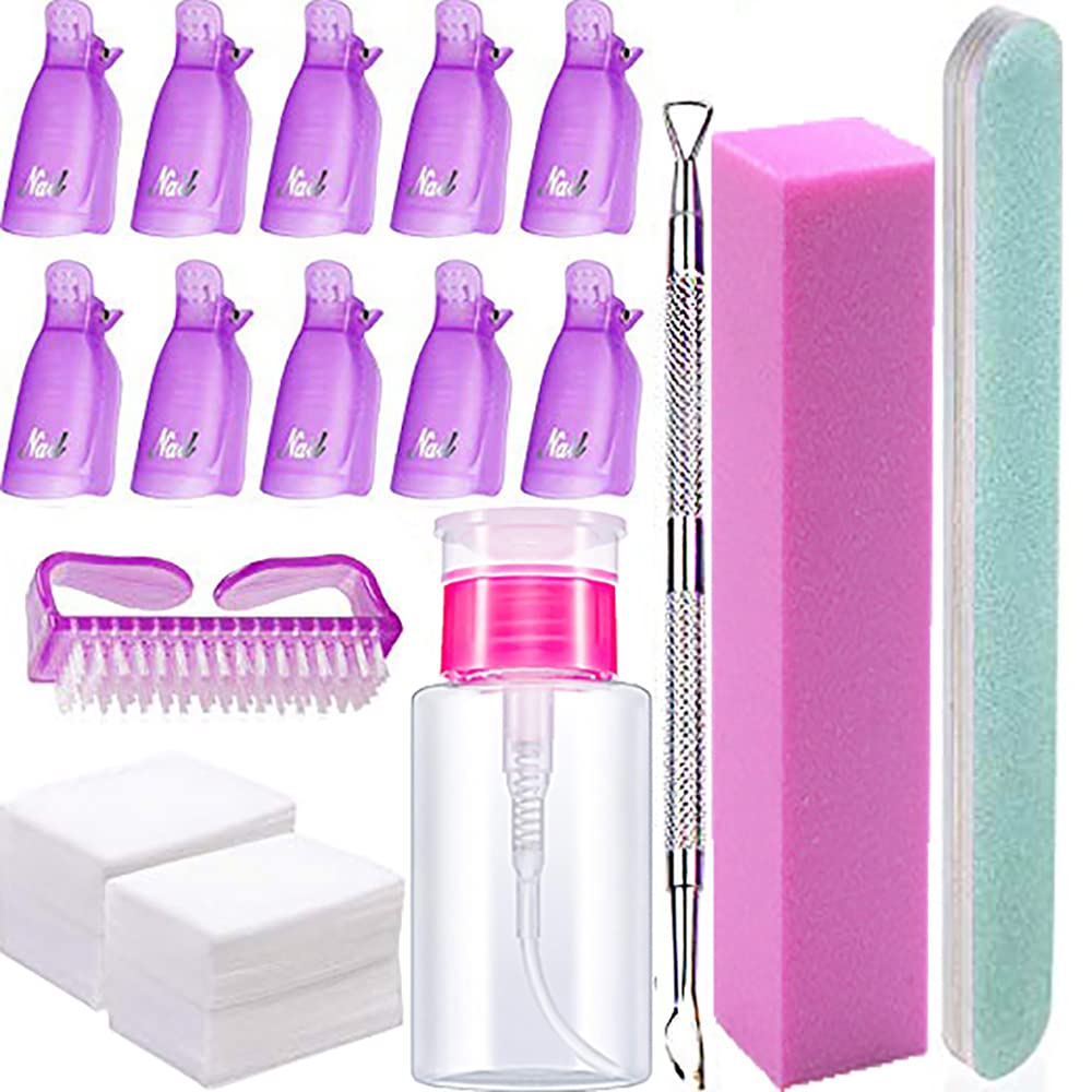 Qdsuh Nail Polish Remover Tools Kit-500 Pcs Cotton Pads, 10 Purple Polish Remover Clips, Bottle, Cuticle Pusher, Nail Brush, Nail File