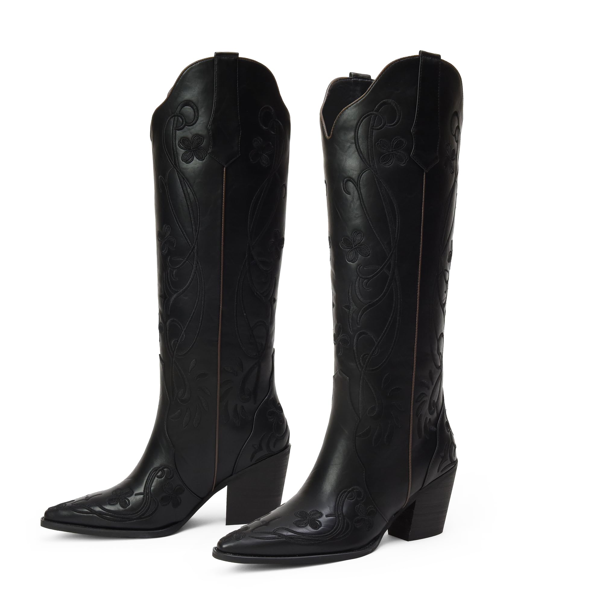 iiimmu Cowgirl Boots Women Knee High Vintage Cowboy Boots with Floral Embroidered Classic Pull On Design Western Footwear
