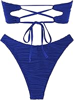 Vista 6 de ZAFUL Bikini sin tirantes para mujer, 2 piezas, traje de baño atrevido, sólido, con cordones