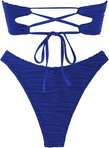 Miniatura 6 de ZAFUL Bikini sin tirantes para mujer, 2 piezas, traje de baño atrevido, sólido, con cordones