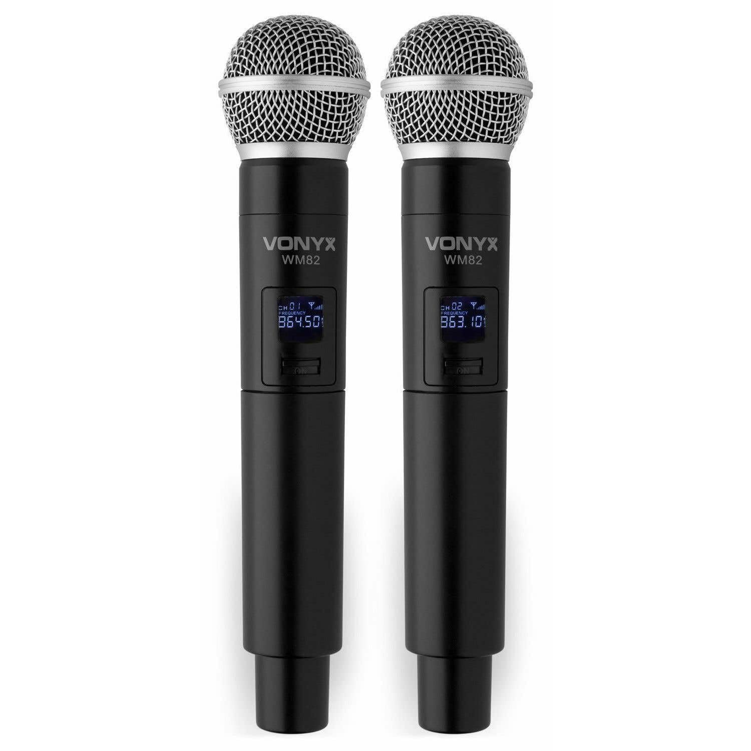 Vonyx WM82 Set de 2 Microphones sans Fil - 2 Canaux, Système UHF 2, Fréquence Fixe, Porté 50m, Double Récepteur, Réglage Volume Indépendant, Valise Transport Fournie