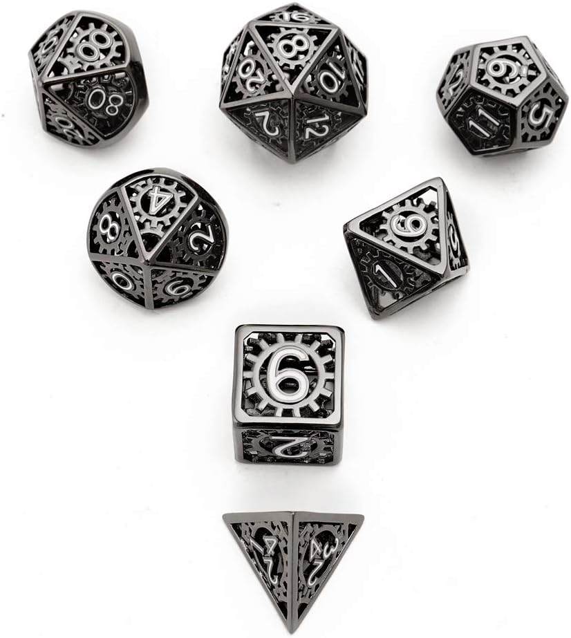 Hollow Black with White Number Gear Copper DND dice,DND Metal Game Dice Set,7pcs DND Dice Set Gift for Dungeons and Dragons RPG MTG Table Games D4 D6 D8 D10 D12 D20