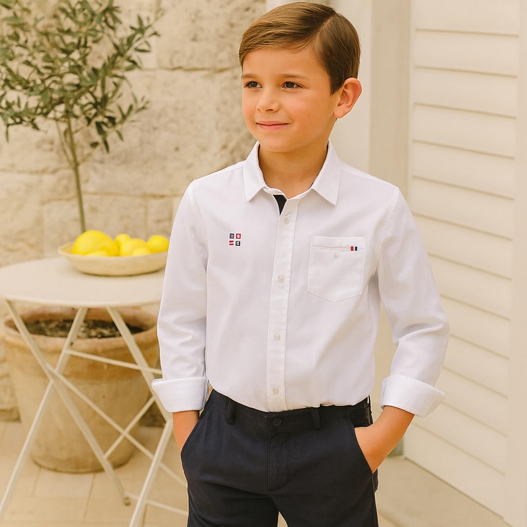 Mayoral Camicia Bianca Slim Fit per Bambino 8-16 Anni a Maniche Lunghe – Modello 6133 Elegante con Ricami Nautici, Perfetta per Cerimonia e Occasioni Speciali