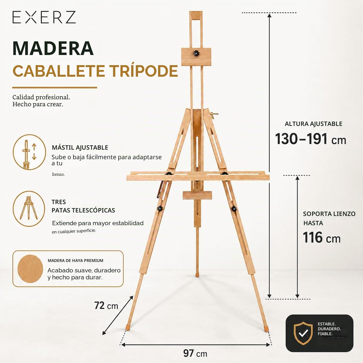 EXERZ Caballete de Dibujo Portátil, Caballete Trípode Altura Ajustable (130-191 cm) de Madera de Haya - Ideal para Artistas, Pintura y Uso en Exterior