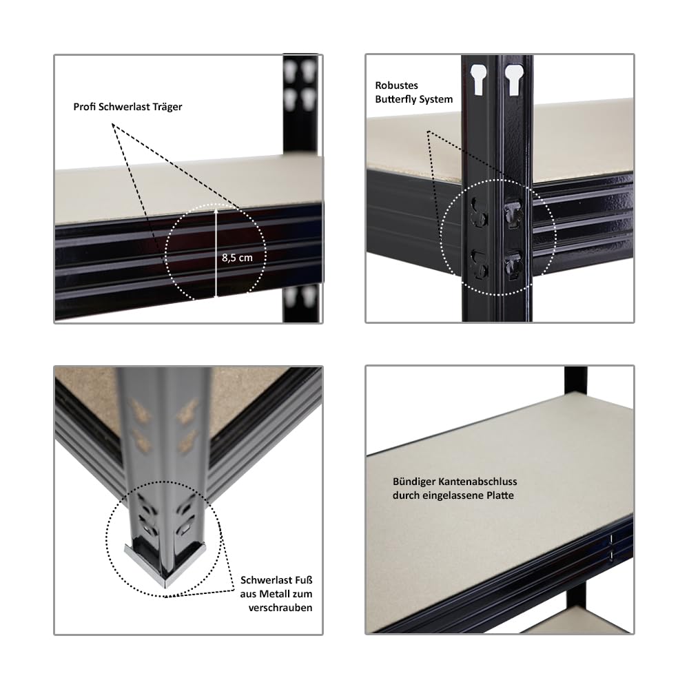 PROREGAL Étagère Charge Lourde Rhino XXL | HxLxP 200x240x70cm | 5 Niveaux en aggloméré 8mm | 450kg par Niveau | Noir | Stockage de Garage de Rangement rayonnage