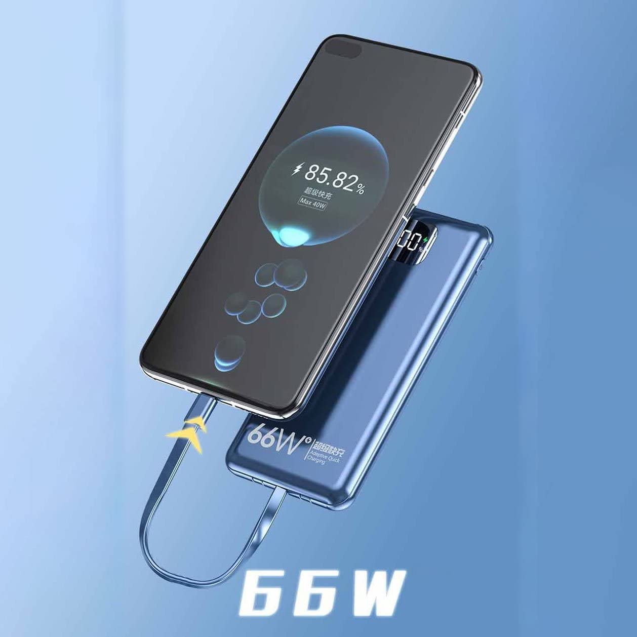 Banco de energía de 20 000 mAh, Cargador portátil con Cables Integrados, USB C, 3 Salidas y 2 entradas, Pantalla LED, Linterna, Cargador de teléfono, Paquete de batería, Azul
