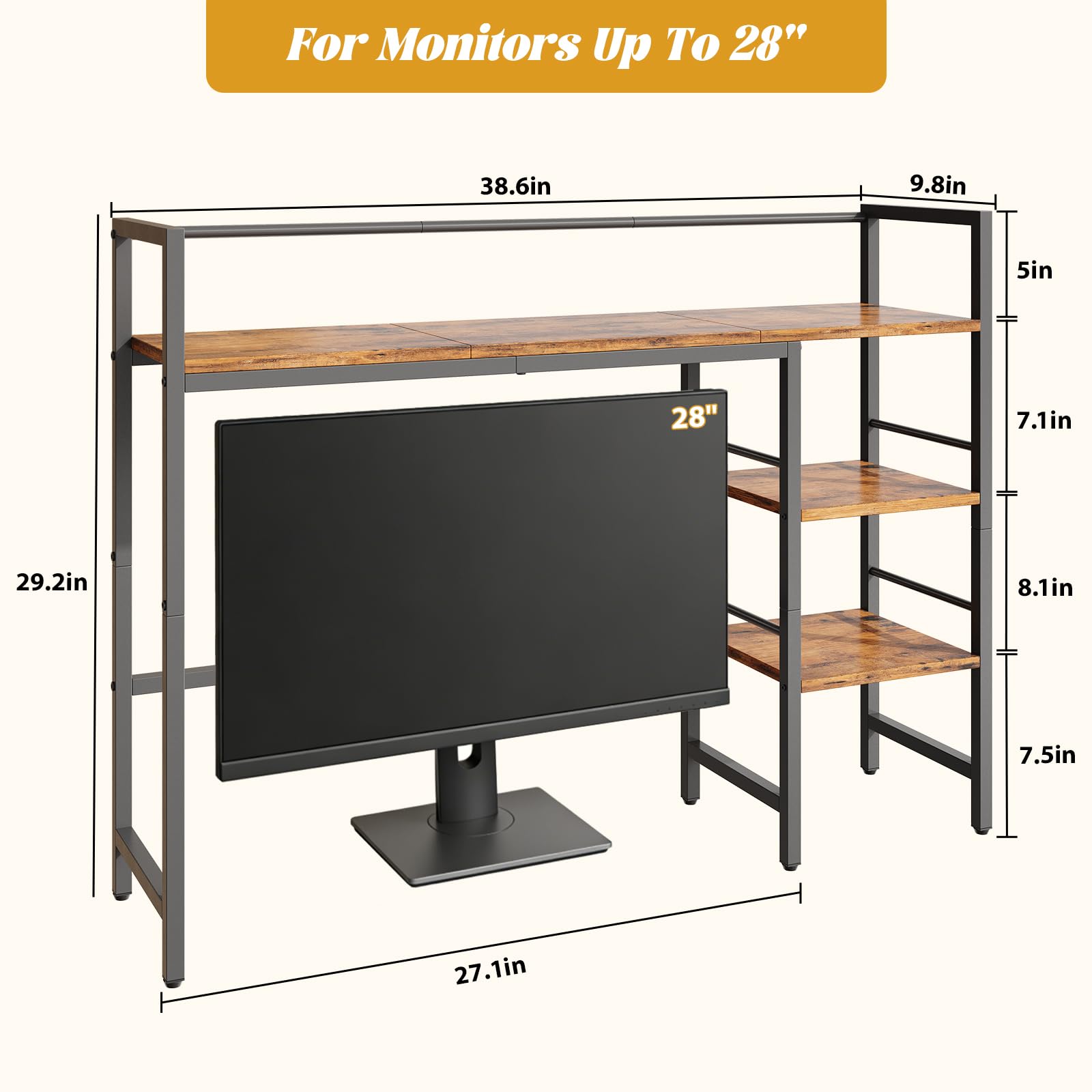 HavenlyYouth Estante de escritorio de 38.5 pulgadas para monitor de computadora, estante de almacenamiento de escritorio ajustable solamente, estante organizador de escritorio de 3 niveles para