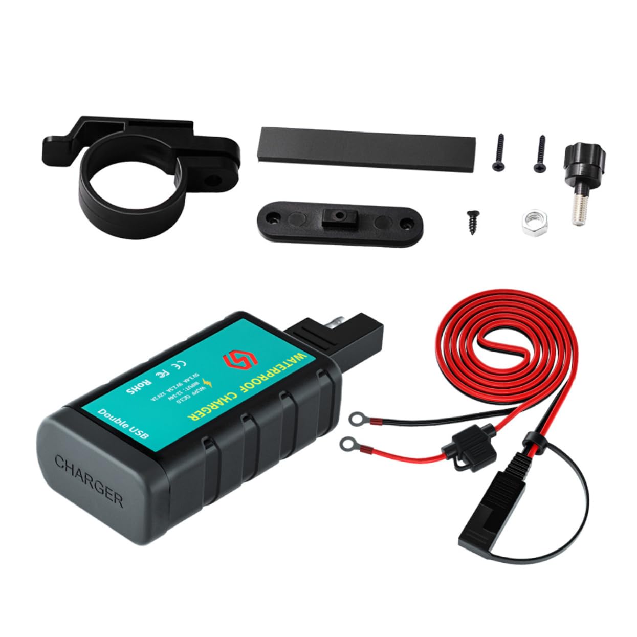 Parliky 1Set Motorcycle USB Charger Kit with Switch Dual USB Power Outlet SAE Connector Ot Terminal Cable Supports Fast Charging for Motorcycles and Electric Vehicles