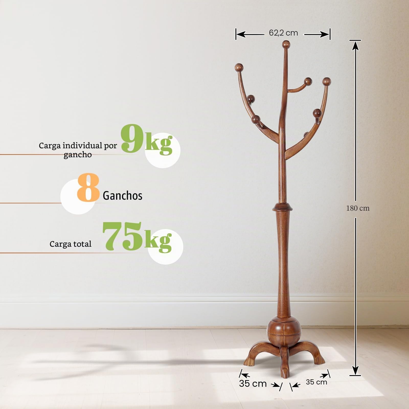 Bekrvio Perchero de pie, de madera maciza con 8 ganchos, diseño en forma de árbol, perchero con base esférica estable, capacidad de carga hasta 75 kg, para pasillo, entrada, dormitorio