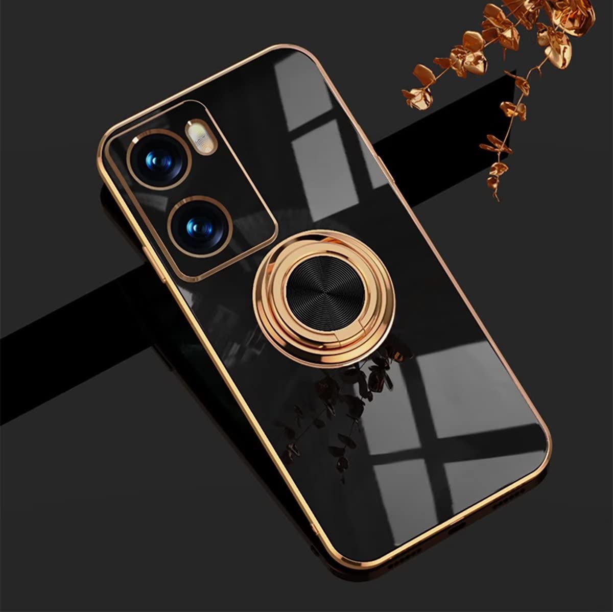 ESONG Cover per OPPO A77 4G/OPPO A57 4G/A57S 4G,Custodia Antiurto Ultrasottile da Donna,Placcatura TPU Silicone Protettiva Case con 360° Magnetica Anello Ring Supporto-Nero