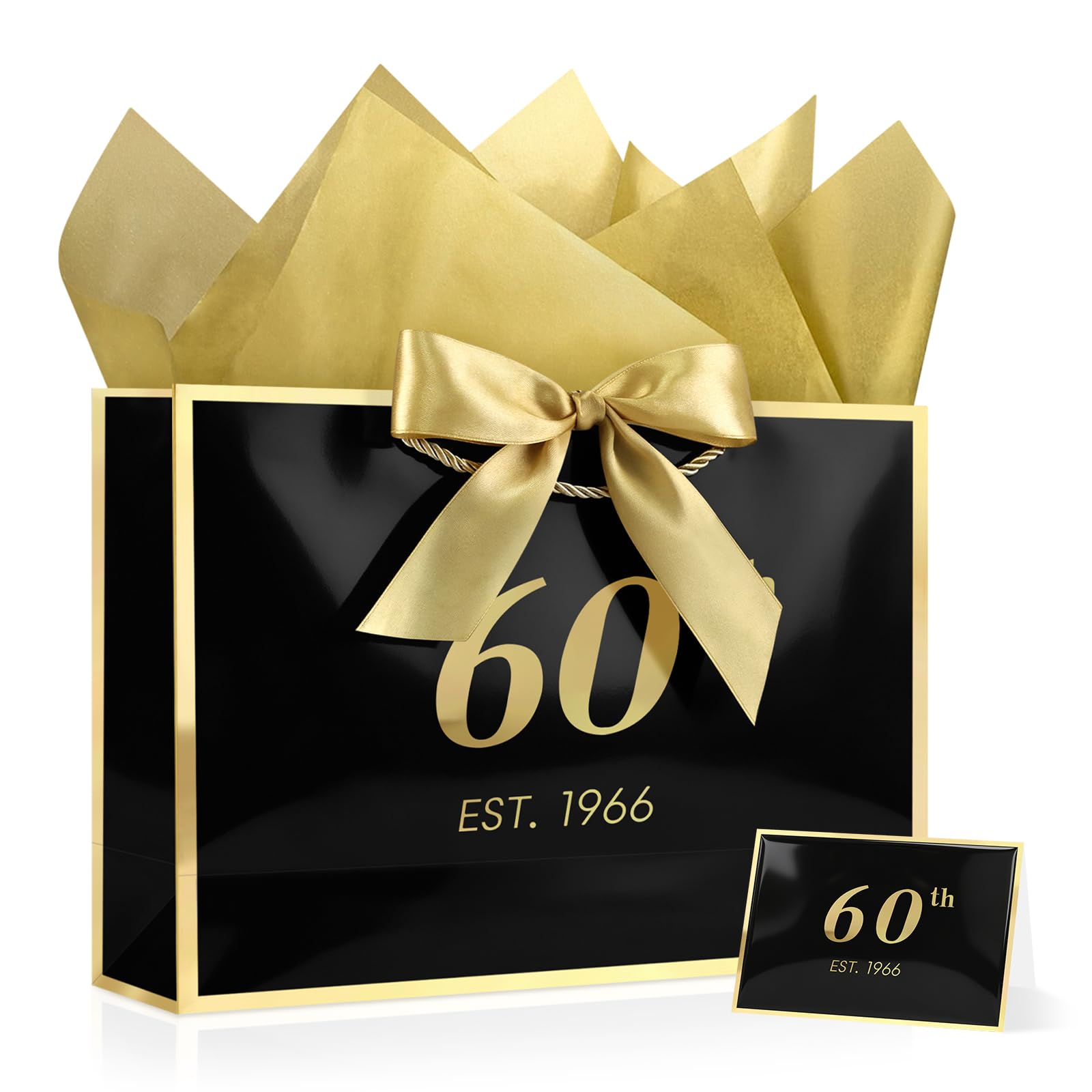 YoungTree 60th Birthday Gift Bag, 36 * 25 * 11CM, Includes 1 Card & 2 Tissue Papers. Portable Paper Bag with Handle, Perfect for Birthday Parties for Men & Women Born in 1966 โ image 1